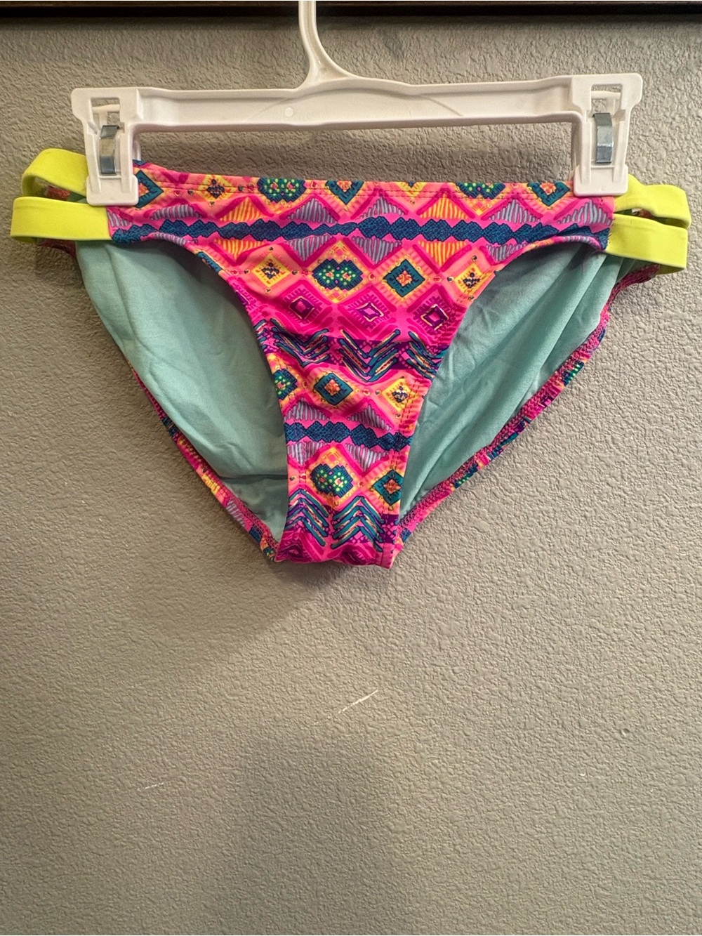 OP  Neon Pink Aztec Print Bikini Bottoms with Lime Side Straps